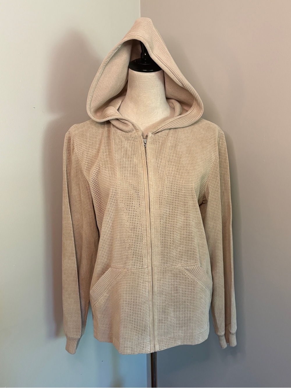 Vintage Y2K Co & Eddy Laser Cut Suede Beige Hooded Zip-Up Jacket Perforated Sz 6